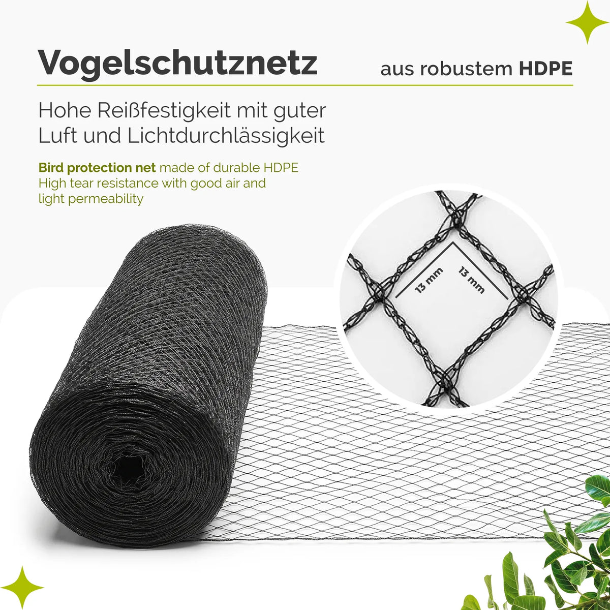 Vogelschutznetz 13 x 13 mm für Garten, Beete & Balkon GD-0195